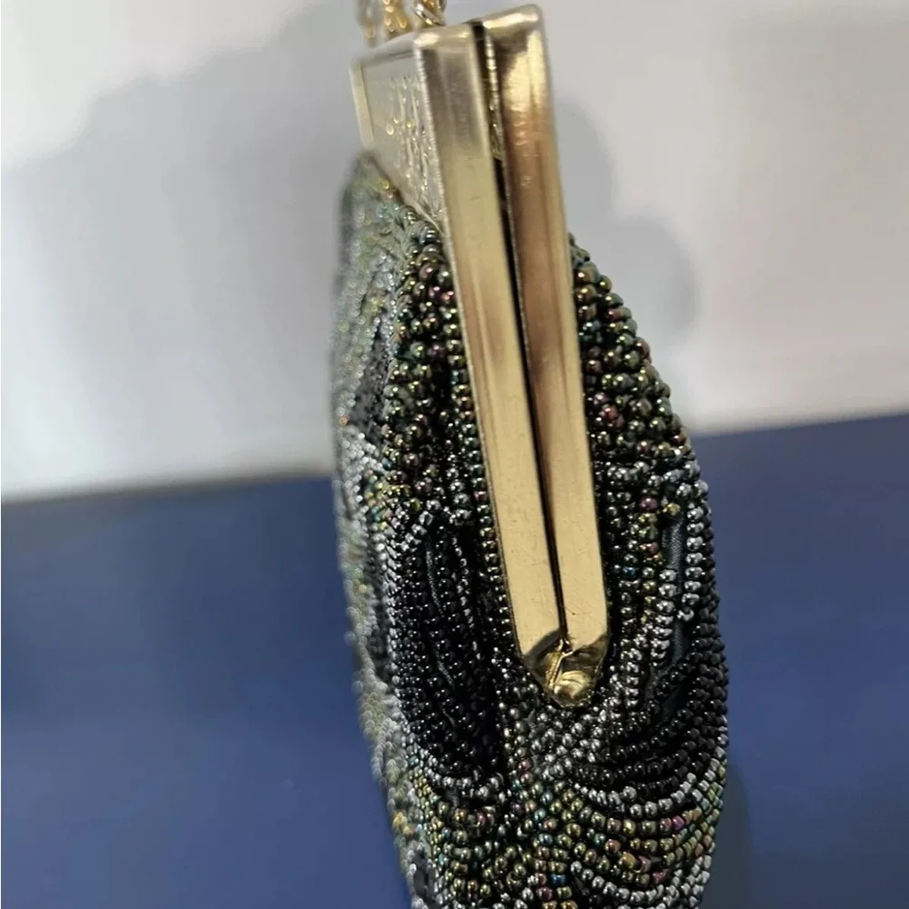 Black Gray Swirl Beaded Purse Evening Bag Clutch Gold Frame Vintage 50s 60s